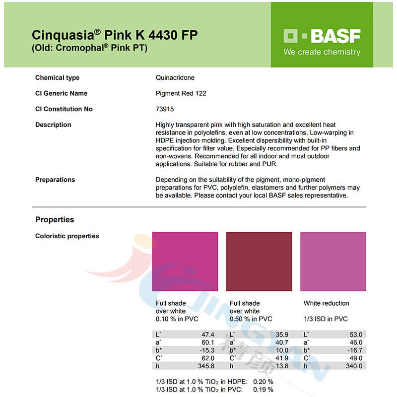 巴斯夫有机颜料粉红K4430FP/汽巴PT BASF Cinquasia Pink K4430FP/PT(颜料红P.R.122)